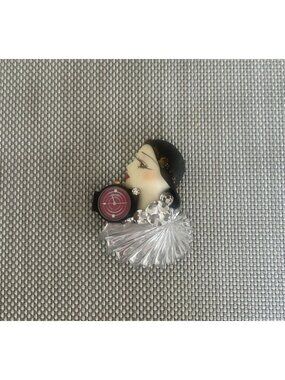 Vintage Art Deco Style Fancy Woman Brooch Pin Watch Rhinestones Acrylic Details